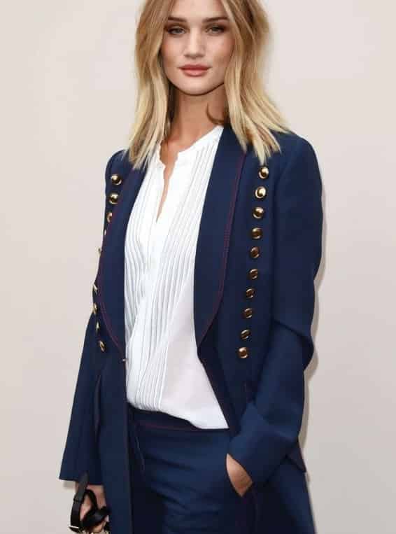Womenswear — navy blazer over white blouse