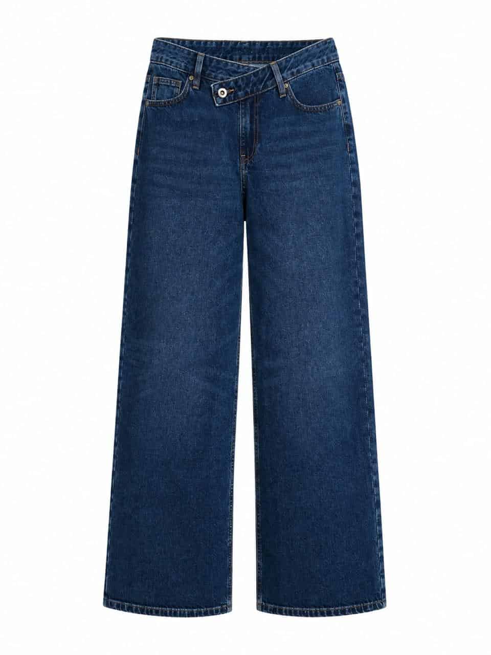 Womenswear — crossover-waist wide-leg jeans