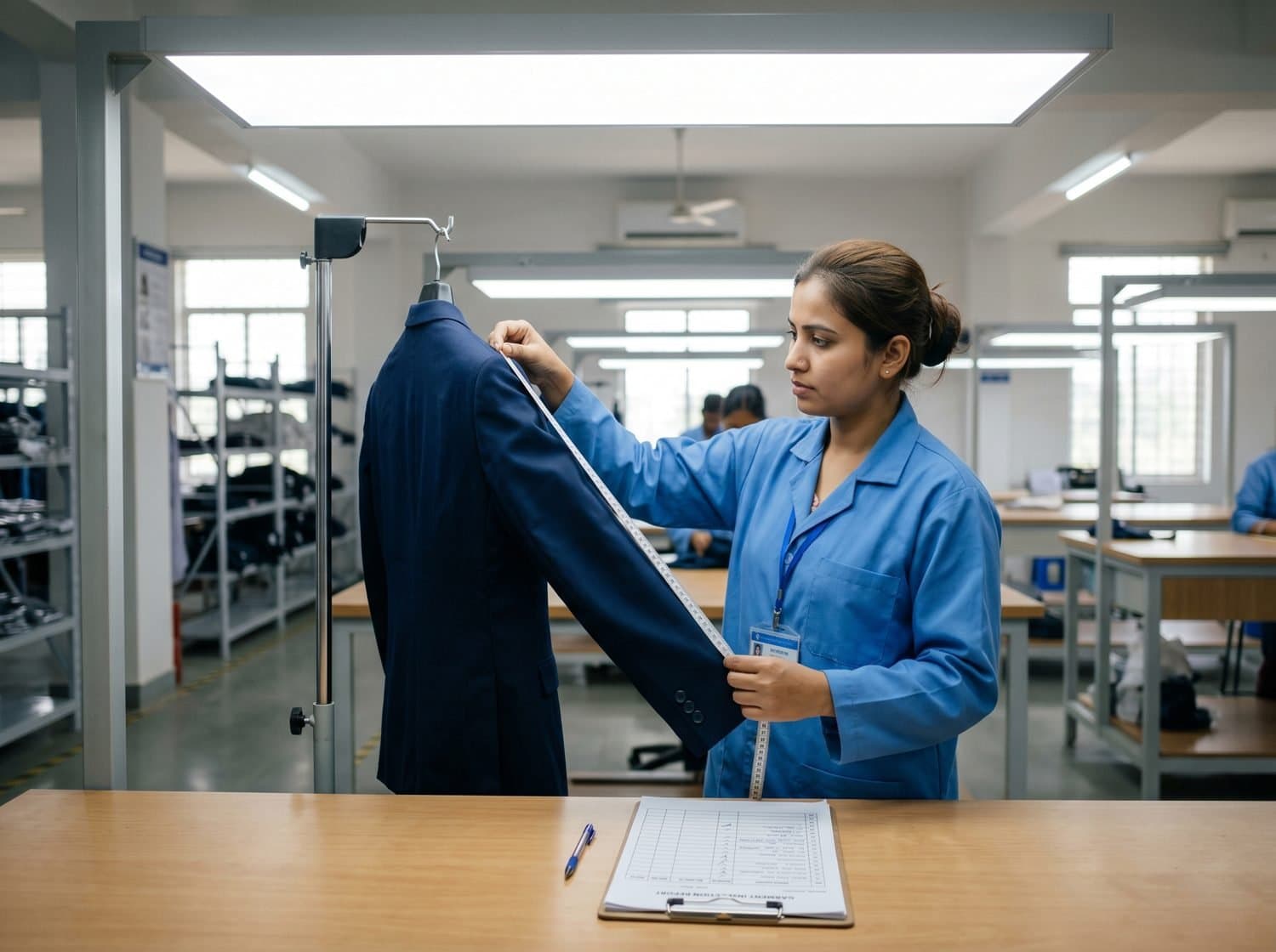 QA officer inspecting garments / measuring fabric under inspection lights