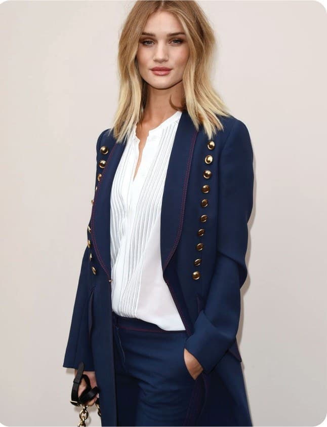 Womenswear — navy blazer over white blouse