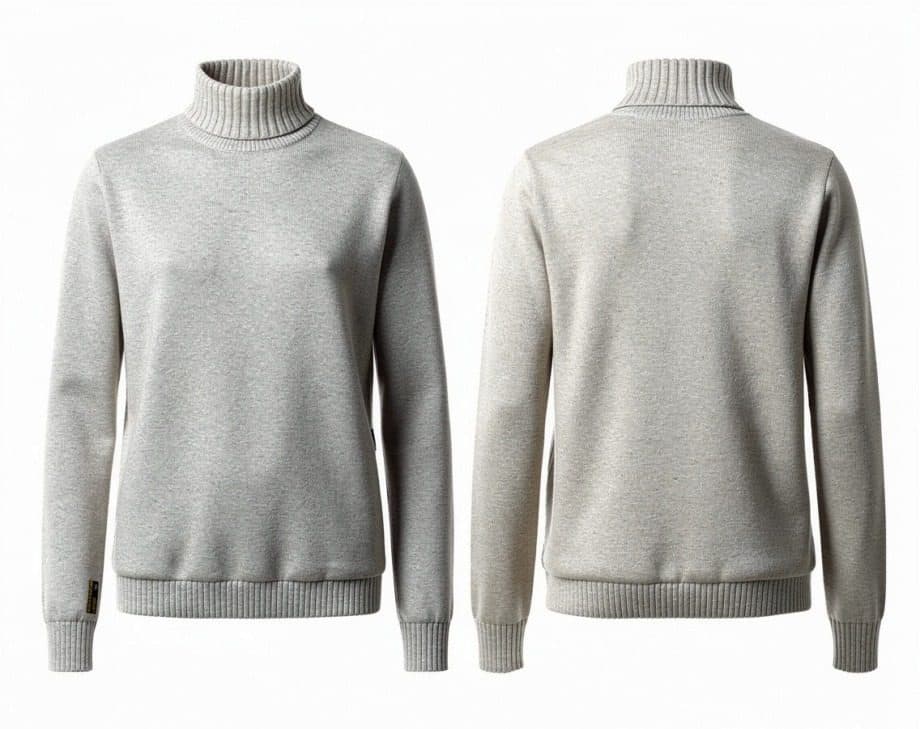 Grey turtleneck sweater, front and back