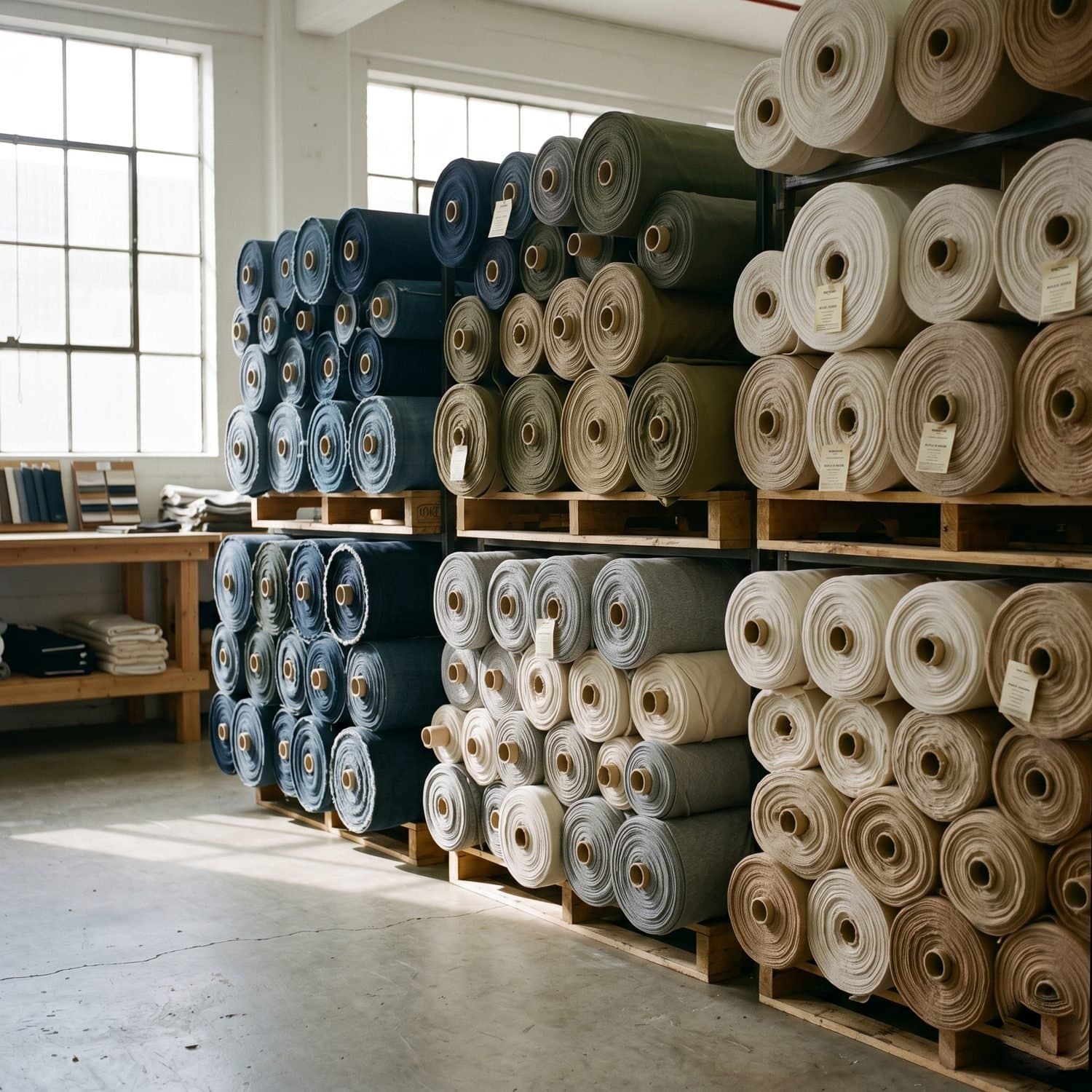 Stacked rolls of home-textile fabrics